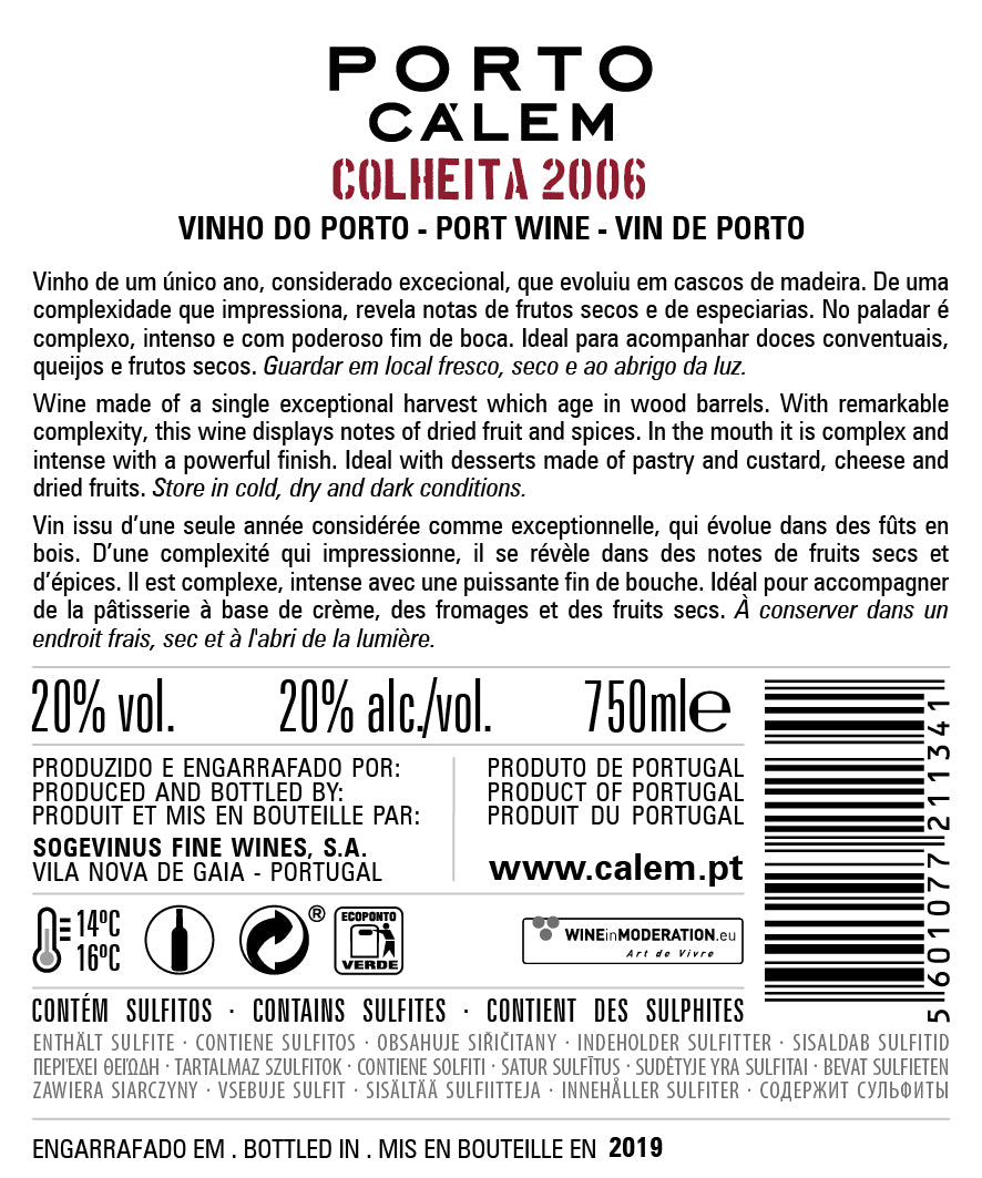 VINHO DO PORTO - CÁLEM COLHEITA 2006 TAWNY